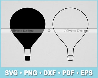Puede incluir: Dos diseños de globos aerostáticos. Uno es una silueta negra sólida y el otro es un contorno negro. Ambos tienen una cesta en la parte inferior. El texto "Jolivette Designs" está encima de los globos. Debajo, los tipos de archivo: SVG, PNG, DXF, PDF y EPS.