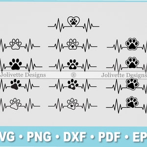 Paw Print, Heartbeat, hondenliefhebber, dieren, EKG, ECG, Clip Art, Clipart, Design, Svg-bestanden, Png, Eps, Dxf, Pdf, silhouet, Cricut, bestand knippen