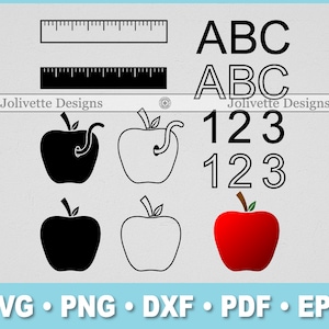 May include: Black and white outline images of a ruler, the letters ABC, the numbers 123, and an apple with a worm. There are also solid black images of the ruler, letters, and apple. A red apple with a green stem and leaf is also shown.