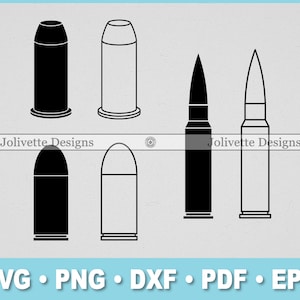 May include: A set of six black and white bullet silhouettes. The bullets are in various shapes and sizes. The silhouettes are on a light gray background.