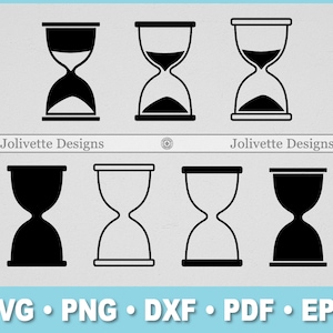 Op de afbeelding: Set van zes zwarte en witte zandlopericonen. De zandlopers bevinden zich in verschillende posities, sommige met zand dat stroomt en andere met zand op de bodem. De iconen zijn perfect voor gebruik in digitale projecten of gedrukte materialen.