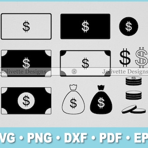 Money, Dollars, Bags, Coins, Cash, Bills, Dollar Sign, Clip Art, Clipart, Design, Svg Files, Png, Eps, Dxf, Pdf, Silhouette Cricut, Cut File