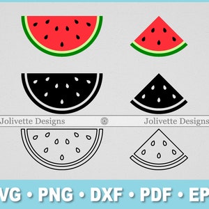 May include: Set of four watermelon slice SVG cut files. Two watermelon slices are red with black seeds, and two are black with white seeds. The watermelon slices are in a simple, flat style.