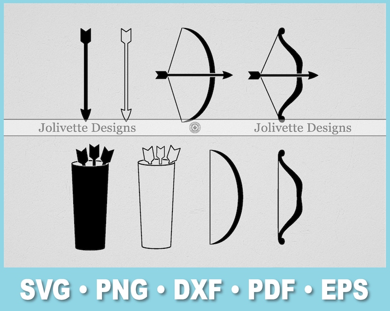 Bogen, Pfeil, Köcher, Bogenschütze, Bogenschießen, Feder, Schnur, Clip Art, Clipart, Design, SVG-Dateien, Png, Eps, Dxf, Pdf, Silhouette, Cricut, Cut File Bild 1