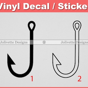 May include: Two black vinyl decals of fishing hooks. The hook on the left is solid black. The hook on the right is an outline. The hooks are numbered 1 and 2.