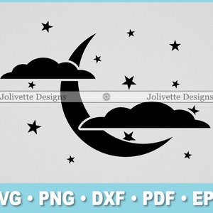 May include: Black and white illustration of a crescent moon, clouds, and stars. The design includes the text "Jolivette Designs" and file type options: SVG, PNG, DXF, PDF, and EPS.