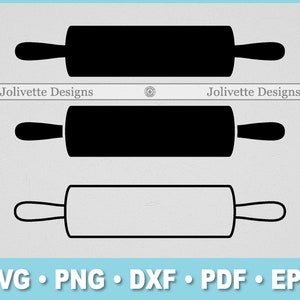 May include: Three black and white silhouette images of rolling pins. The top two images are filled in black, and the bottom image is an outline.