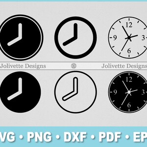 Puede incluir: Seis diseños de relojes en blanco y negro. La fila superior muestra tres caras de reloj diferentes, dos con manecillas simples y una con números y manecillas. La fila inferior muestra las mismas tres caras de reloj en un diseño negro sólido.