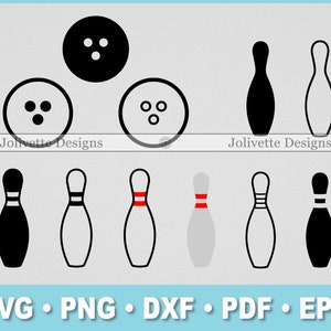 May include: A set of black, white, and gray bowling pins and bowling balls. The bowling pins have red stripes. The bowling balls have three holes.