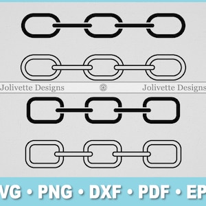 May include: Four black chain link designs in a row, two solid and two outlined, are displayed on a light gray background. The text "Jolivette Designs" is centered between the chain links. Below the chain links are the file types: SVG, PNG, DXF, PDF, and EPS.