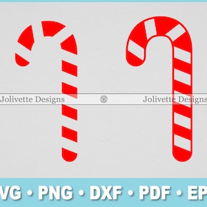 May include: Two red and white candy cane SVG cut files. The candy canes are in a traditional shape with red stripes and white spaces.