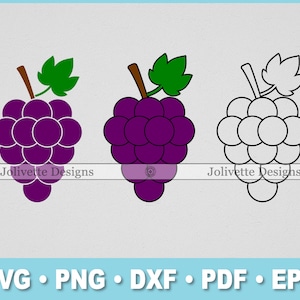 May include: Three images of a purple grape cluster with a green stem and leaves. The first image is a solid purple grape cluster. The second image is a purple grape cluster with a white outline. The third image is a black and white outline of a grape cluster.