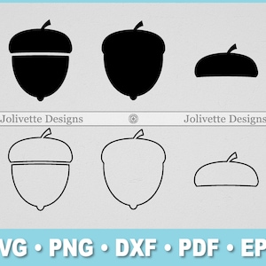 May include: A set of six acorn silhouette SVG cut files. The acorns are in various sizes and orientations. The acorns are black and white.