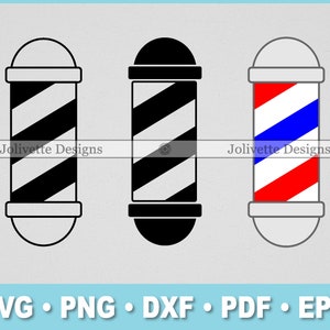 May include: Three barber pole designs, one black and white, one red, white, and blue, and one gray with black and white stripes. The poles are all the same shape and size.