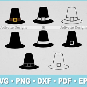 May include: Set of six black and white pilgrim hats with different variations of a buckle and band.  The hats are in a variety of styles, including a solid black hat, a hat with a white band, and a hat with a black buckle.  The hats are perfect for Thanksgiving crafts or decorations.