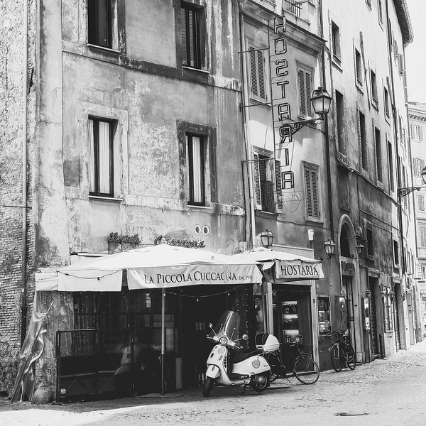 Póster de la calle de Roma, fotografía en blanco y negro, imagen de vespa vintage, decoración de letreros de restaurante, arquitectura italiana de bellas artes, papel de pared de callejón