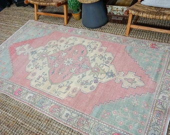 4’4 x 7’10 Oushak Rug Muted Red, Ecru & Sea Blue Vintage Turkish Carpet