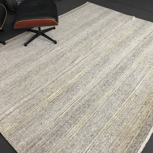 MCM Vintage Turkish Kilim Rug 7 x 9 Hemp Goat Hair Flatweave Rug Cream and Gray Tweed