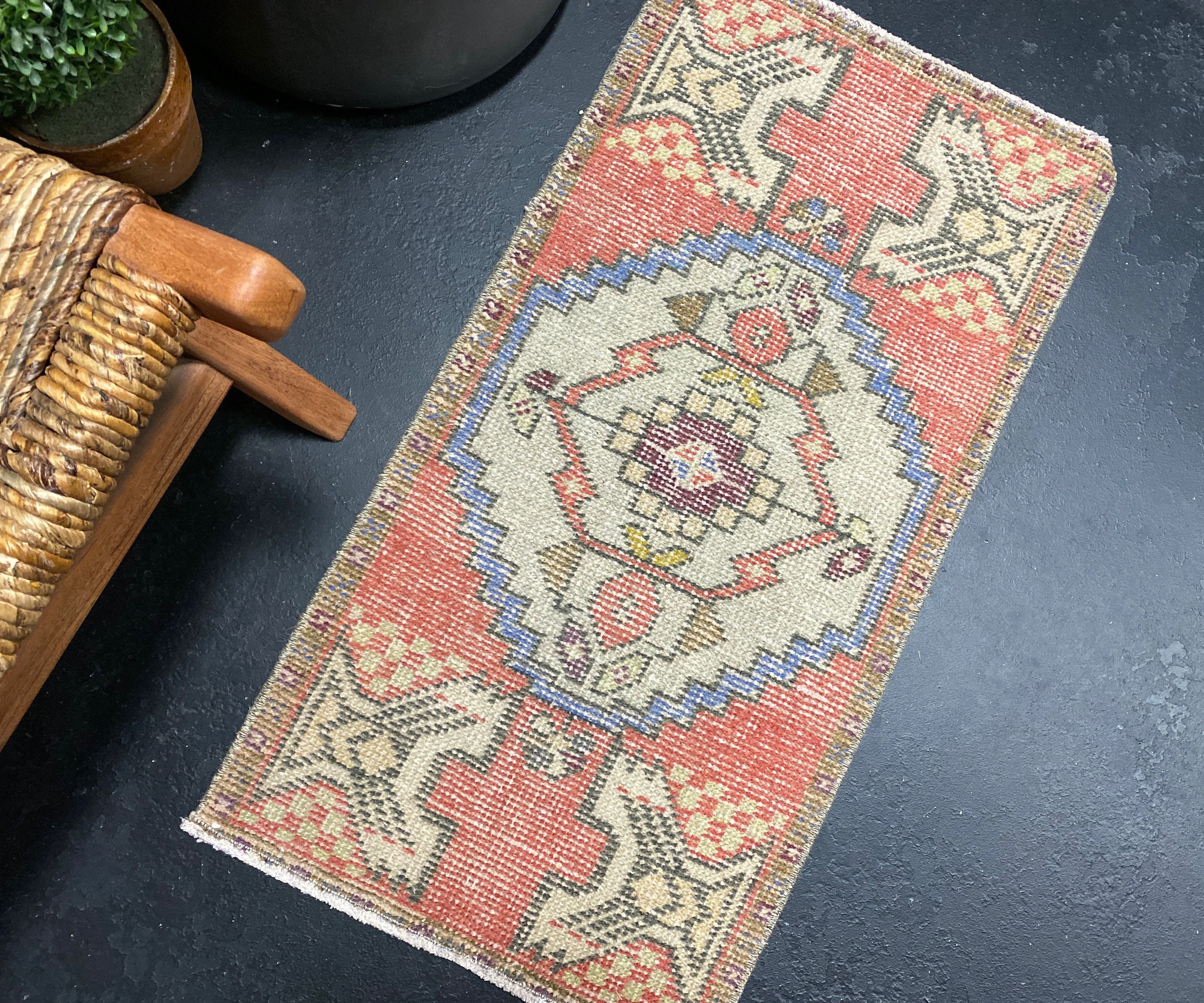 19” X 36” Vintage Turkish Mat Rug Muted Red, Blue + Gray SB - Etsy