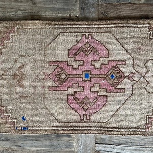 1’6 x 3’ Antique Turkish Kars Rug Muted Camel Beige, Cerulean Blue & Wine