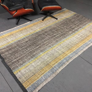 5 x 8 MCM Vintage Turkish Kilim Rug Hemp Goat Hair Flatweave Turkish Carpet Gray, Black, Blue and MustardTweed