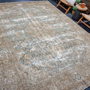 9’ x 12’4 Classic Antique Rug Muted Deep Sea Blue-Green & Camel Brown SB