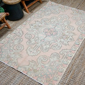 4’4 x 7’2 Vintage Oushak Rug Muted Pink + Baby Blue