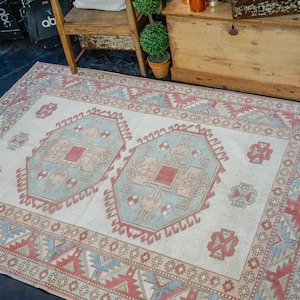 5’1 x 7’2 Turkish Milas Rug Baby Blue, Pink and Cream 1960&#39;s