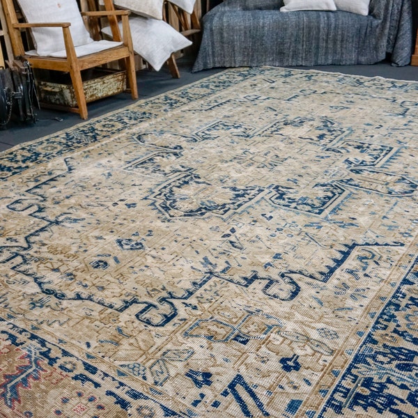 8'4 x 12'4 Alfombra Vintage Muted Taupe Beige, Tinta, Azul Índigo + Bronce