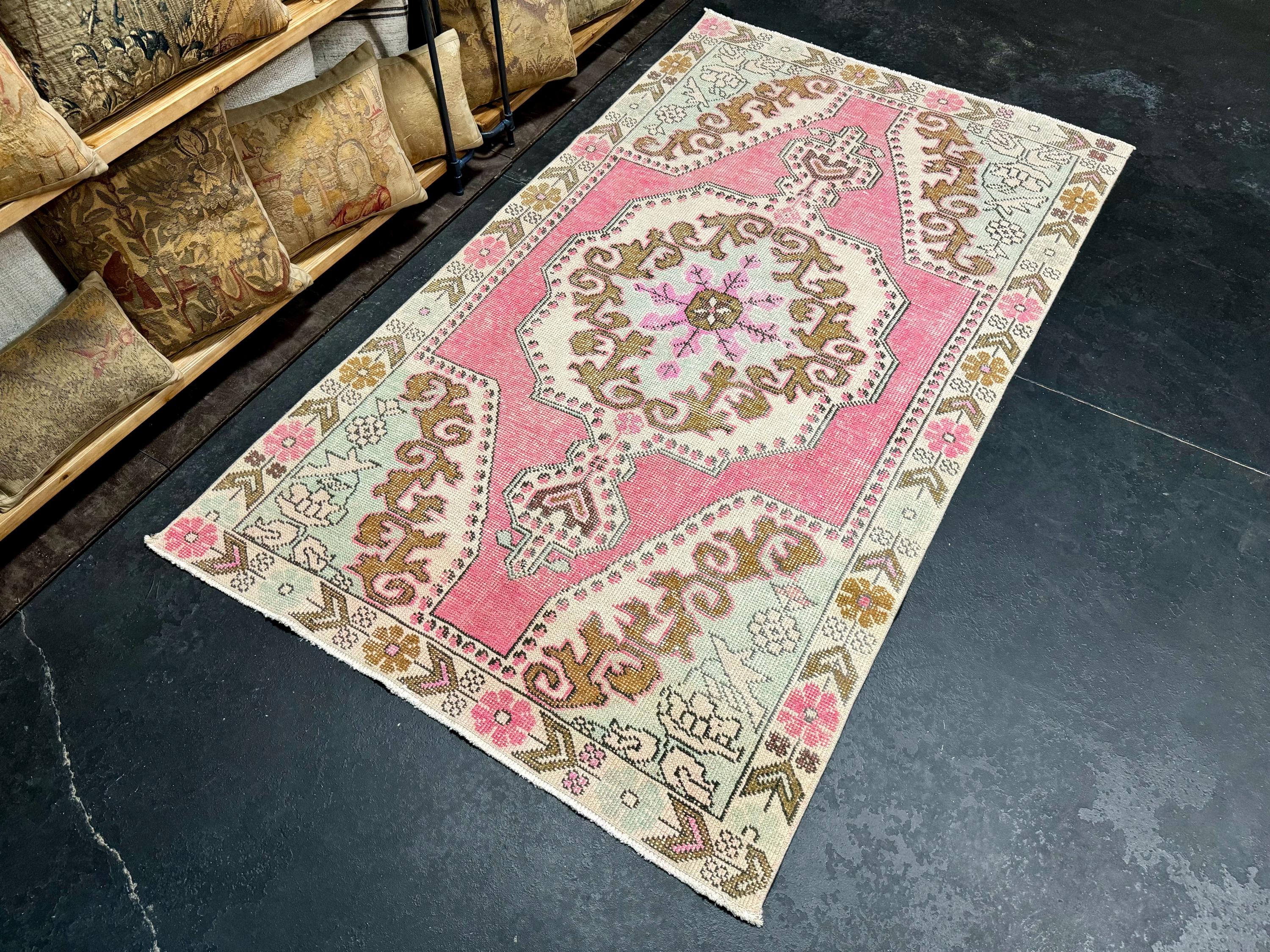 4'4 X 7'5 Vintage Oushak Rug Muted Pink, Seafoam Green & Caramel