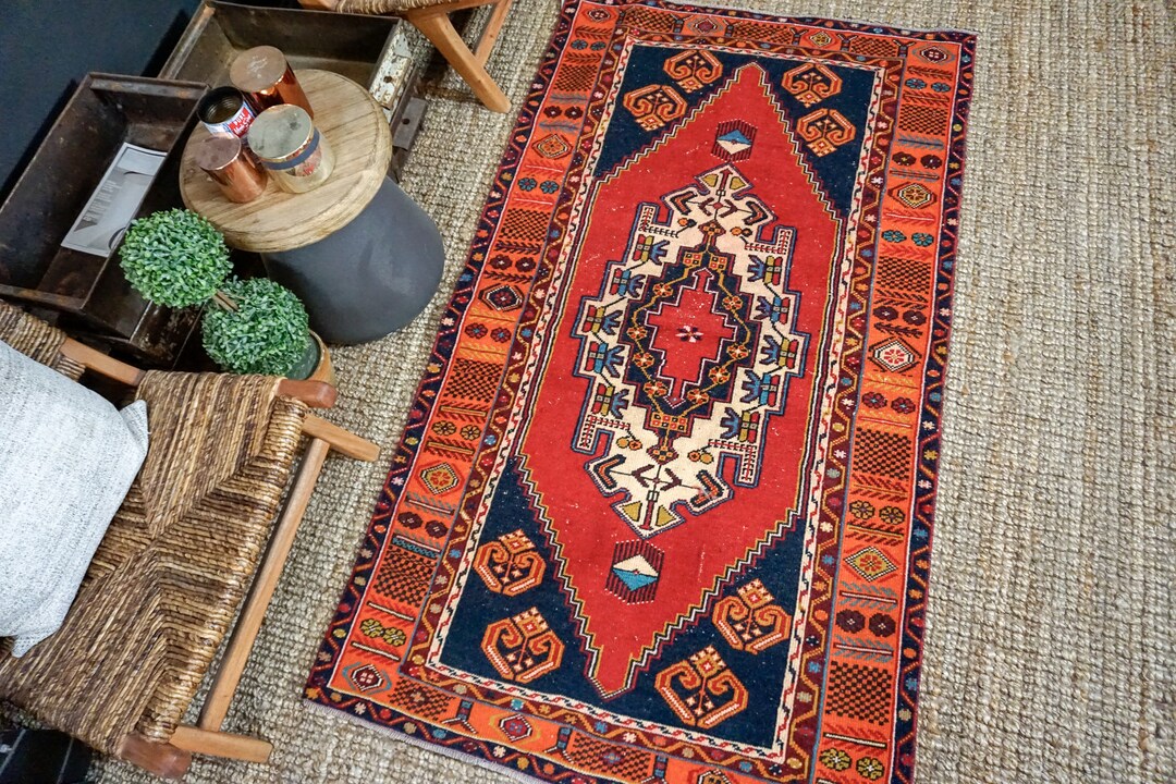 3'8 X 6'4 Oushak Rug Carrot, Blue and Red Vintage Turkish Carpet