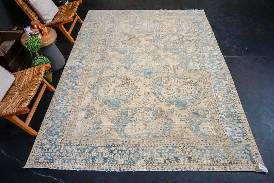 7' X 10'1 Classic Vintage Rug Muted Blue + Blush-beige Carpet - Etsy