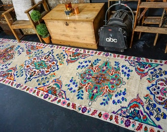 3'2 x 13' Oushak Runner Muted Cream Beige W/ Bright Colors Turkish 1960's