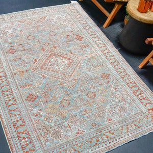 4’4 x 6’4 Classic Antique Rug Muted Sky Blue + Red and White SB