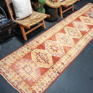 3’ x 12’4 Vintage Turkish Herki Runner Red, Beige & Blue