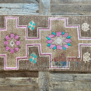 1’4 x 2’7 Antique Turkish Kars Rug Muted Camel Brown, Teal & Pink