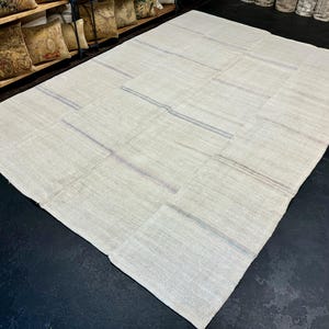 8’ x 11’ MCM Vintage Organic Hemp Rug Off White Flatweave Kilim