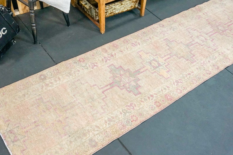 Pale Pink Oushak Runner 3 X 10 Turkish Rug 1960 S Blush Pink And Cream Beige Handmade Carpet