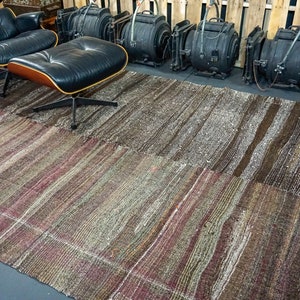7' x 13' MCM Scandinavian Style Purple + Brown Tweed Vintage Turkish Kilim Rug Flatweave 70's Chadur
