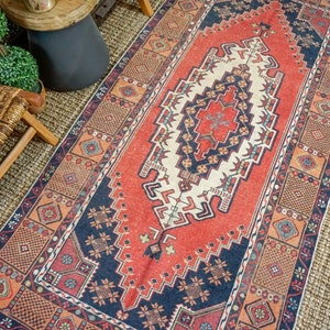 4’ x 8’ Oushak Rug Red, White + Blue Vintage Carpet