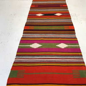 May include: A long, narrow, multi-colored rug with a geometric pattern. The rug has stripes of red, orange, yellow, green, pink, and white. The rug has a fringe on the bottom.