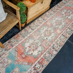 3’ x 10’3 Vintage Turkish Runner Muted Coral Red, Charcoal and Turquoise Blue