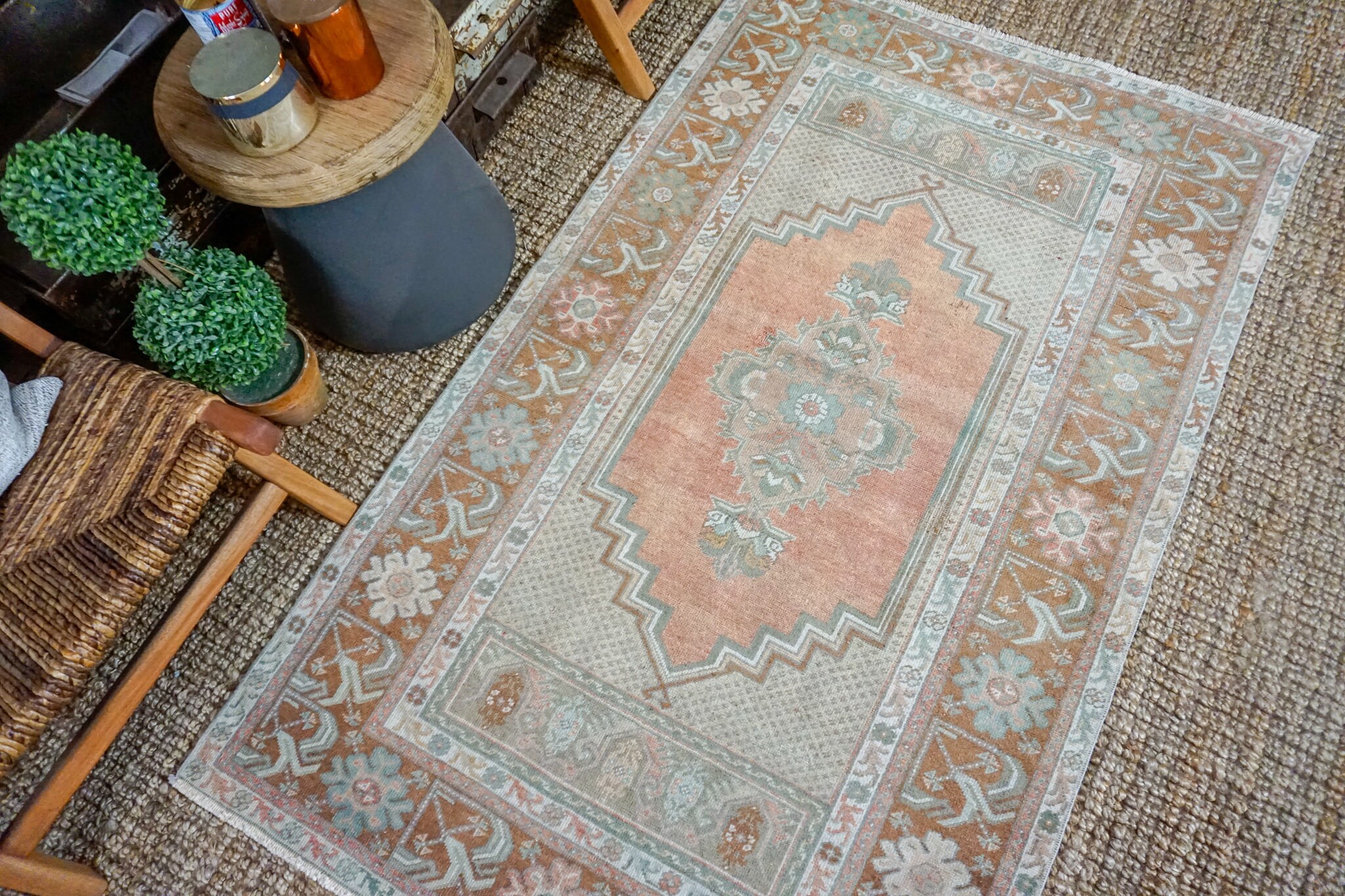 3'8 X 6'1 Oushak Rug Muted Copper, Bronze + Green and Cream