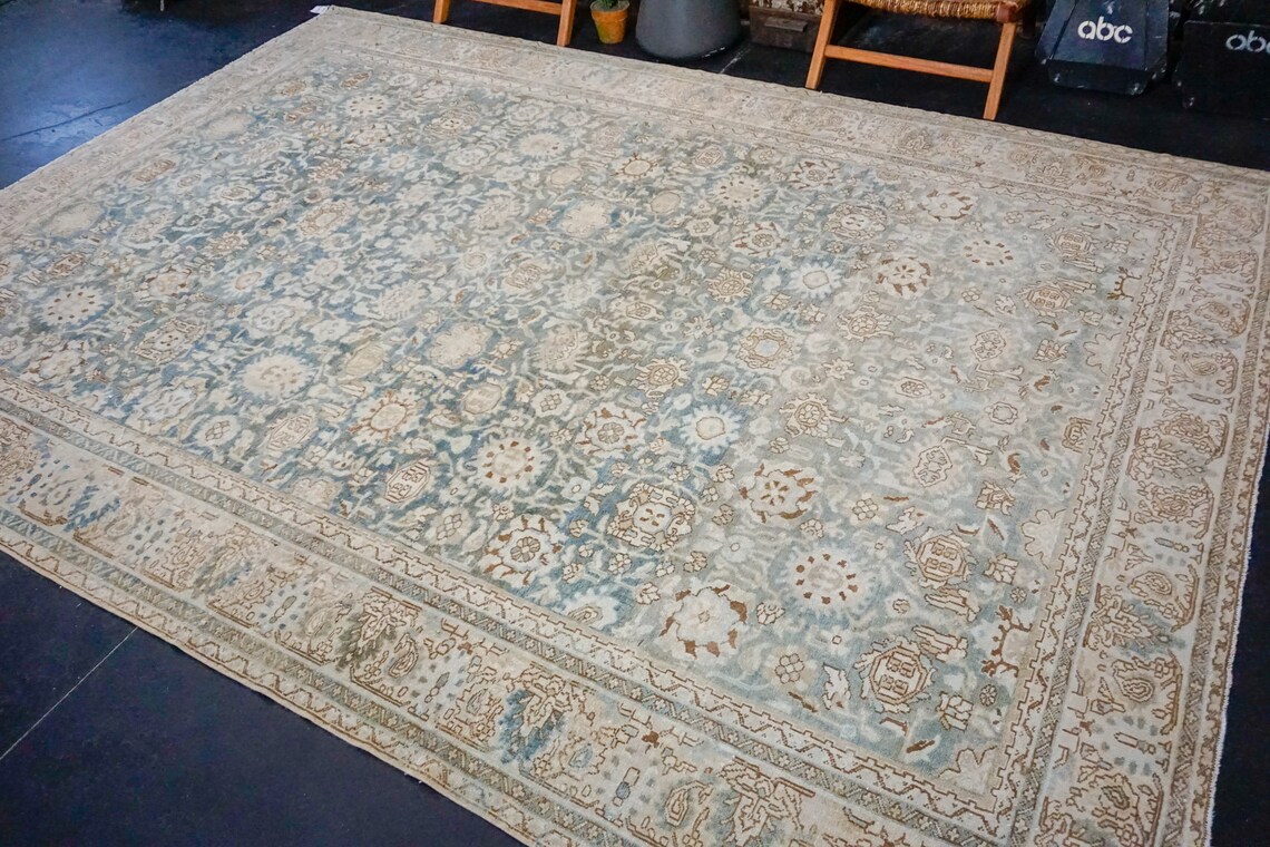 8’10 X 12’3 Classic Vintage Rug Muted Blue, Brown + Beige Carpet 3825 ...