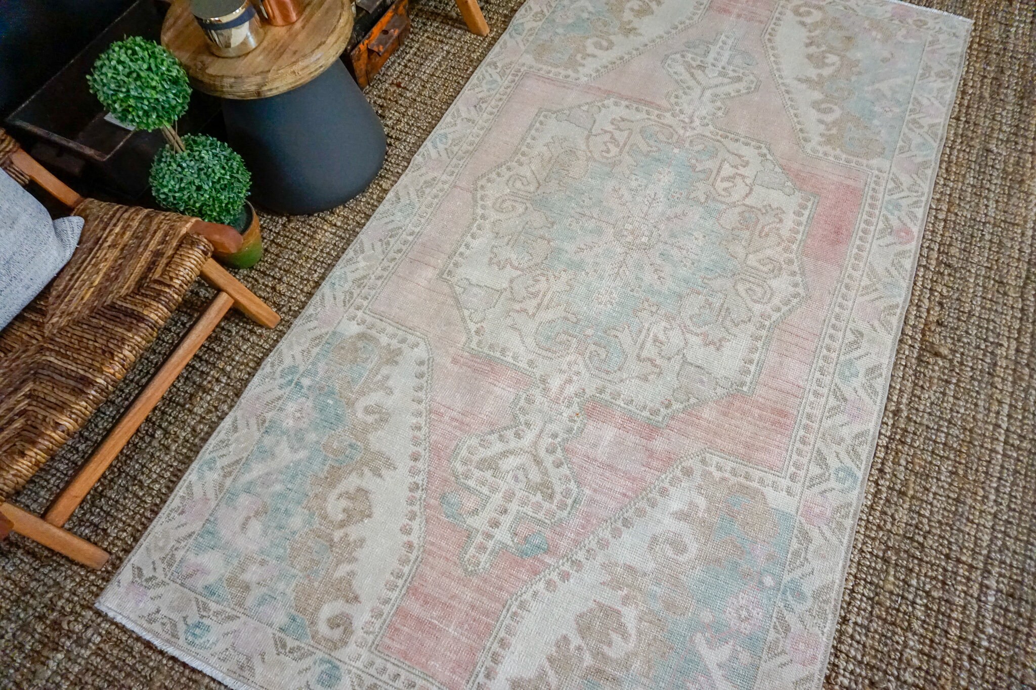 44 x 8 Oushak Rug Pink Blue and Cream Vintage Turkish Etsy