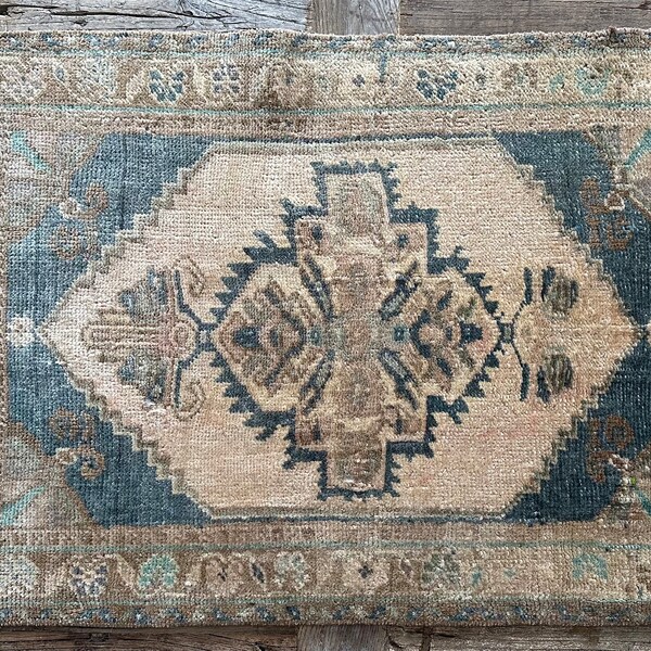 1’9 x 3’ Antique Turkish Taspinar Rug Muted Camel Beige & Teal