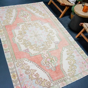 4’4 x 7’3 Vintage Oushak Rug Muted Salmon, Powder Blue & Green
