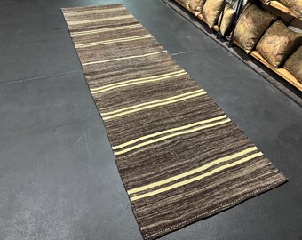 3’ x 11’3  Vintage Turkish Kilim Runner Brown Tweed & Cream 5671