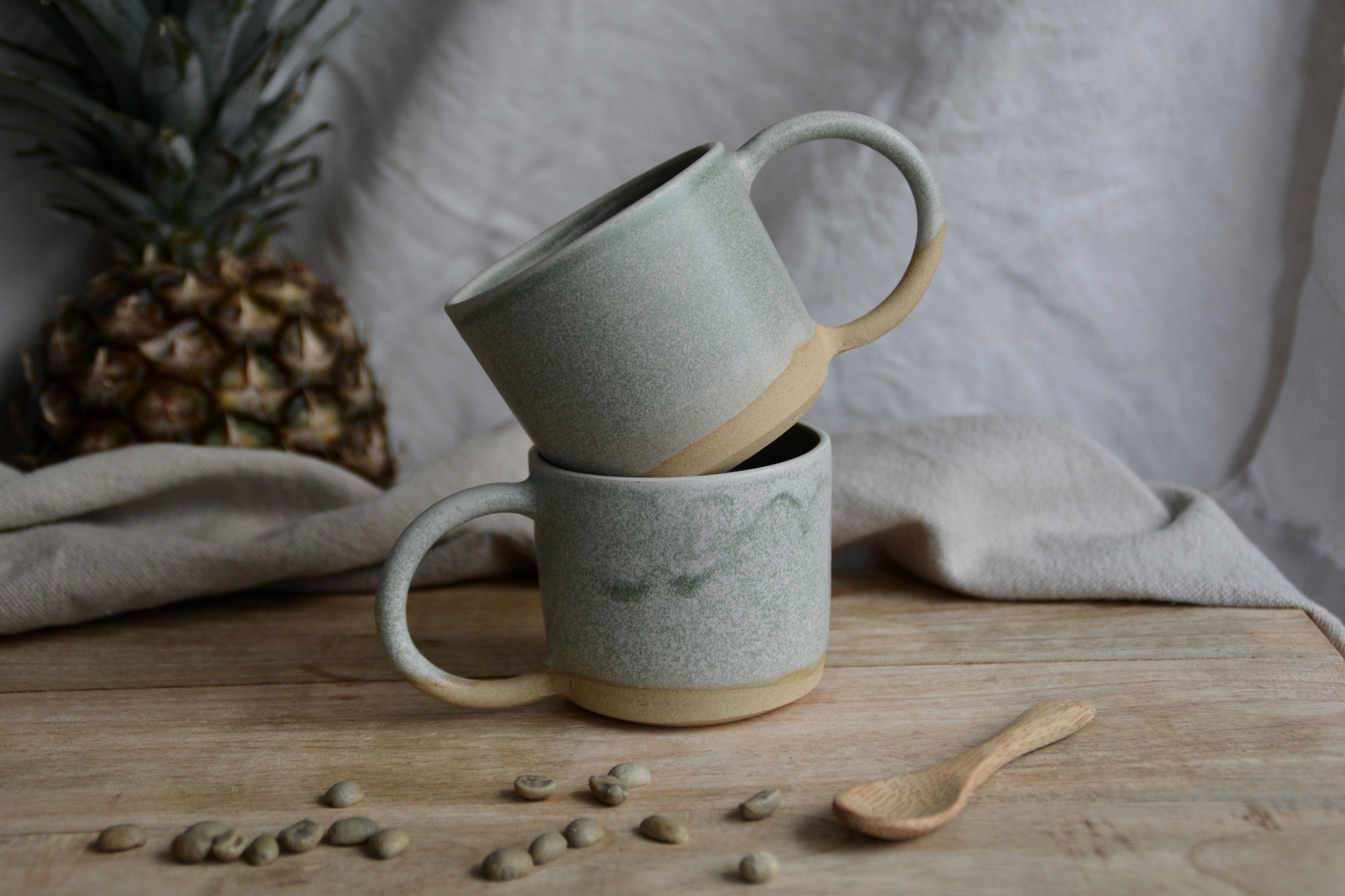 Tasse à Café avec Anse en Céramique, Grès Émaillé Vert Mat Style Contemporain