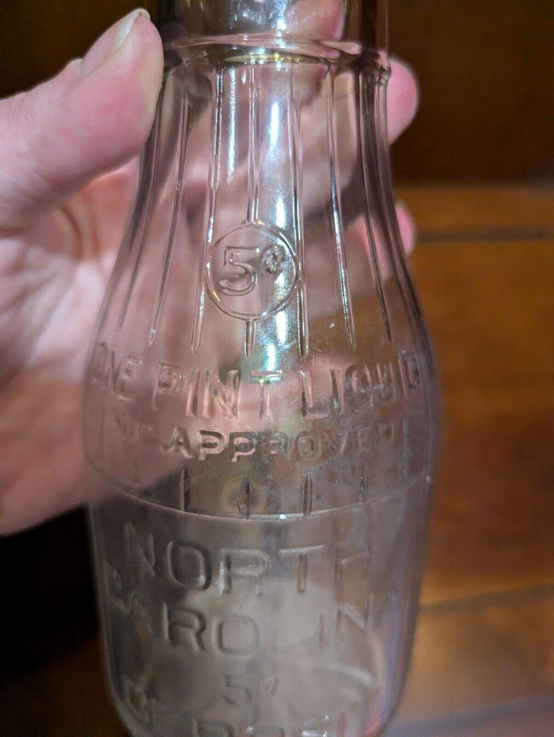 North Carolina Liquid Bottle One Pint NC Approved 5 Cent Deposit Milk Vintage afbeelding 3
